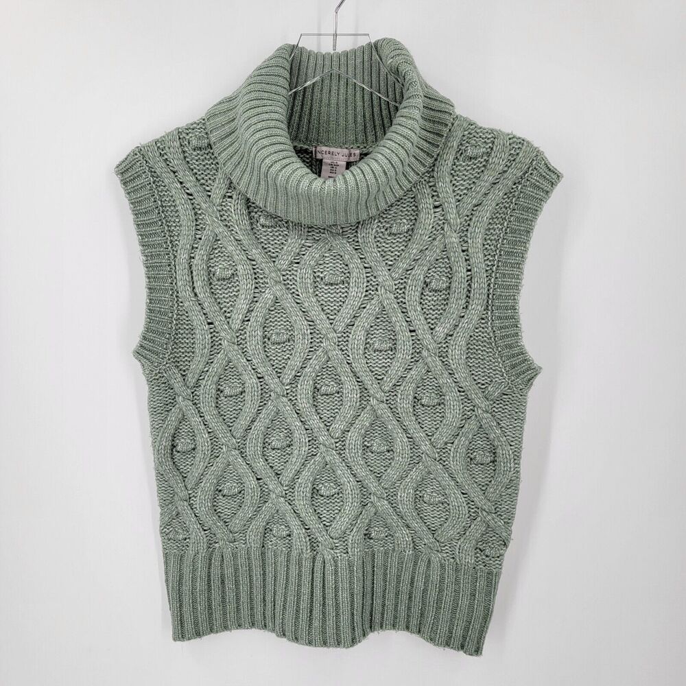 Sincerely Jules Sweater Womens Small Green Turtleneck Sleeveless Soft Cable Knit